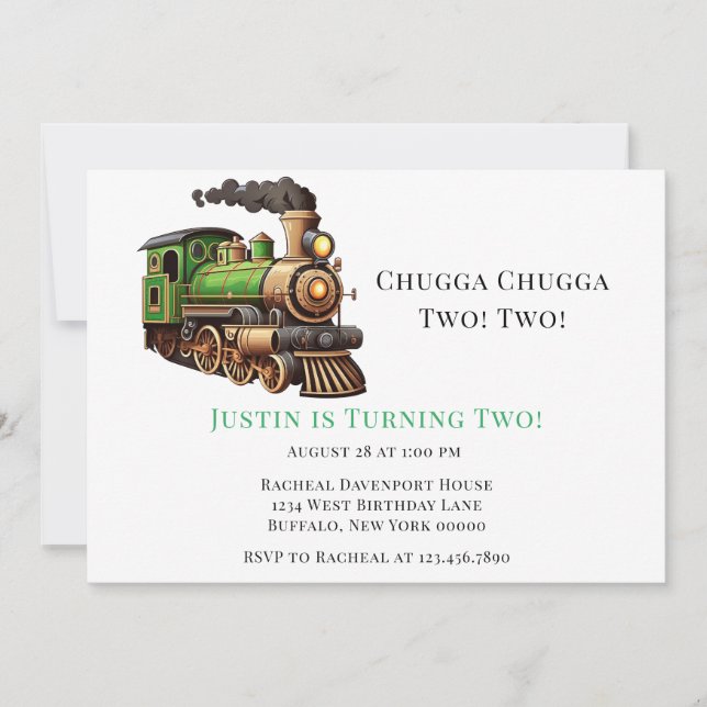 Invitation Chugga Chugga Deux Train Vert Fête d'Anniversaire (Devant)