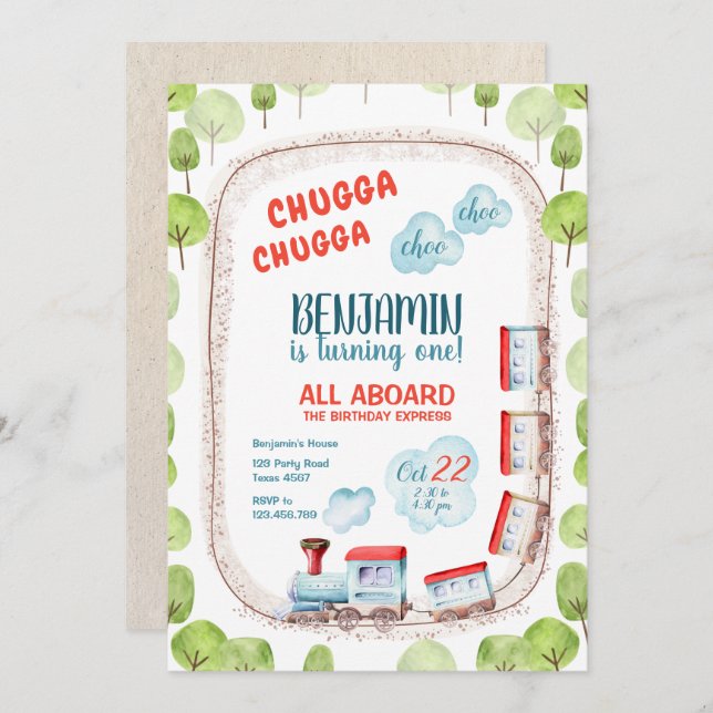 Invitation Chugga Train Choo Boy Red Blue Anniversaire Rails (Devant / Derrière)
