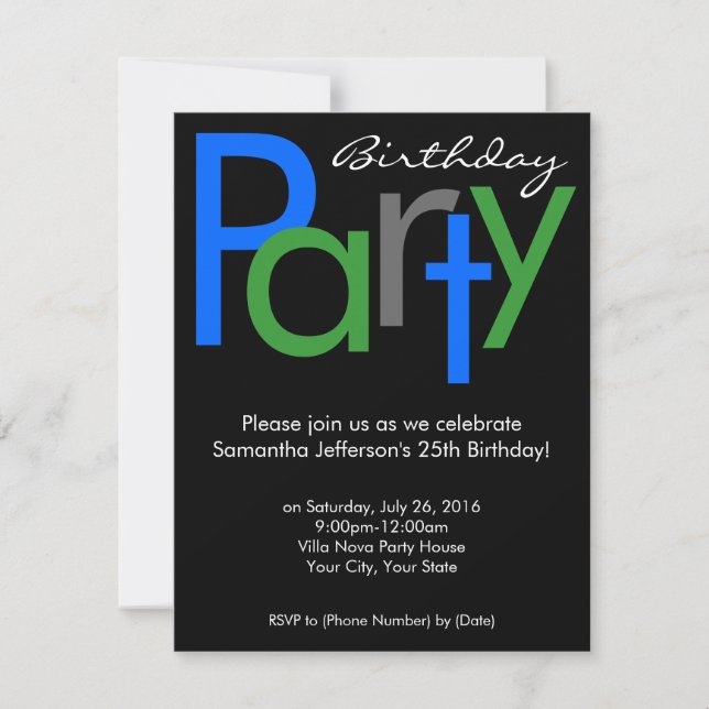 Invitation Chunky Block Blue Black Anniversaire Fête Invitati (Devant)