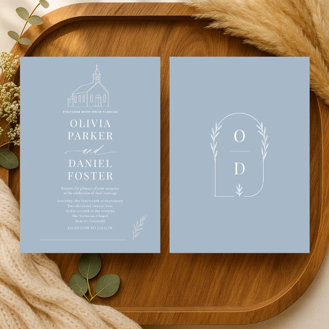 Invitation Church Chapel Dusty Blue Line Art Wedding (Créateur téléchargé)