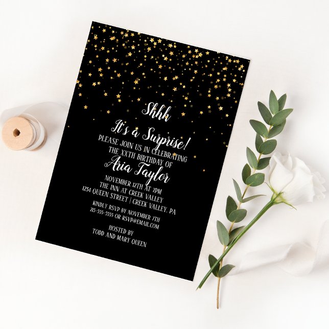Invitation Chut ! C'est une surprise confettis dorés sur fond (Créateur téléchargé)