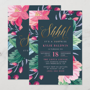Invitation Chut ! Parties scintillant d'or Script Floral Surp