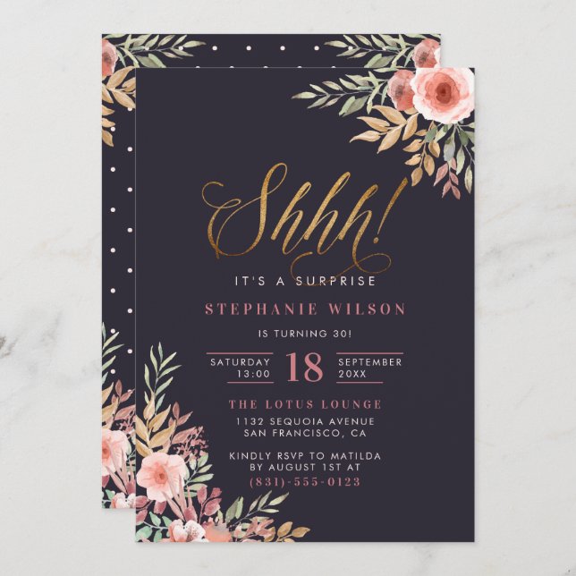 Invitation Chut ! Parties scintillant d'or Script Surprise fê (Devant / Derrière)