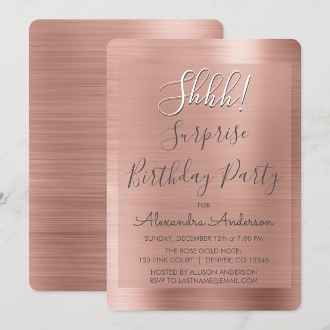 Invitation Chut ! Surprise Rose Gold fête d'anniversaire (Devant / Derrière)