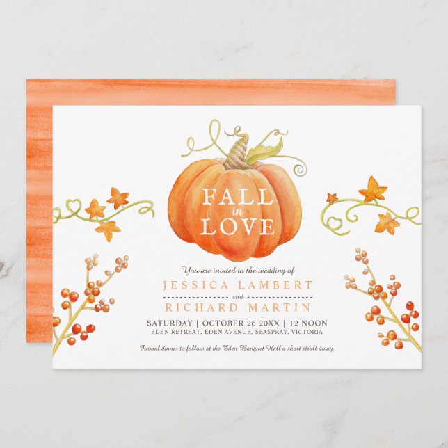 Invitation Chute amoureuse aquarelle citrouille mariage autom (Devant / Derrière)
