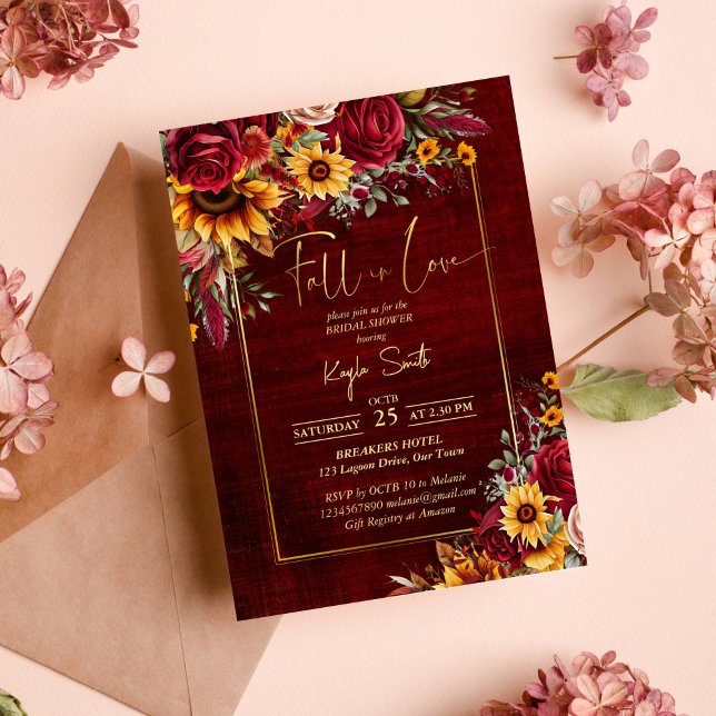 Invitation Chute amoureuse de tournesols rose bordeaux (Fall in love burgundy roses sunflower bridal shower invitation template autumn themed bridal shower)