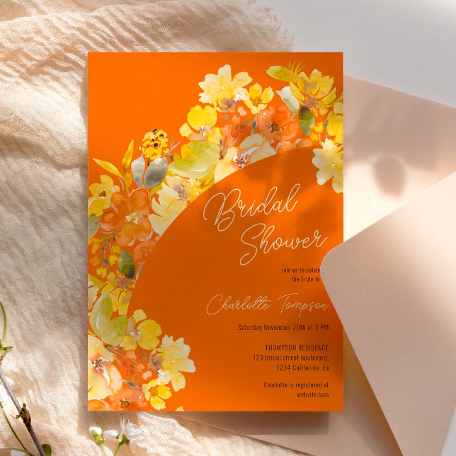 Invitation Chute boho jaune fleurs script douche nuptiale (Fall boho yellow flowers script bridal shower invitation)