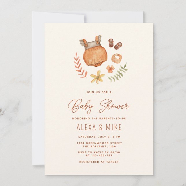 Invitation Chute Boho Vêtements de bébé Baby shower neutre ge (Devant)