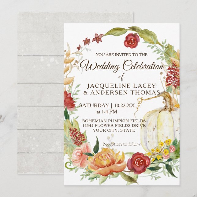 Invitation Chute Bourgogne Floral Blanc Citrouille Mariage de (Devant / Derrière)