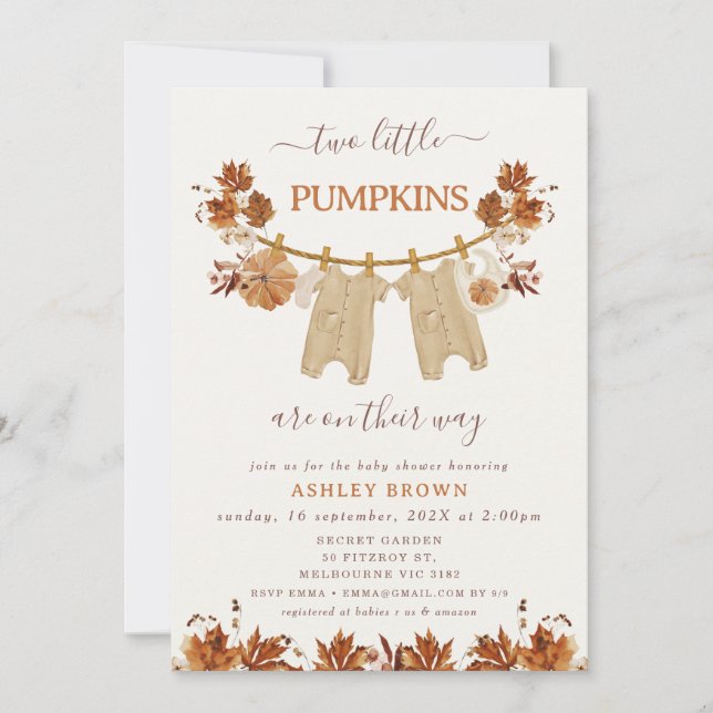 Invitation Chute Brown Twins Foliing Clothesline Baby shower (Devant)