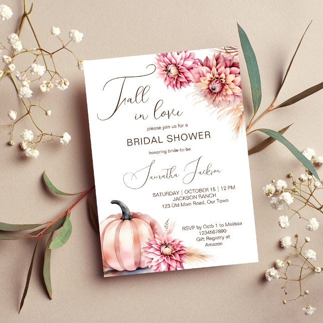 Invitation Chute d'amour boho citrouille dahlias nuptiale dou (Fall in love boho pumpkin dahlias pampas grass bridal shower template invitation digital download)