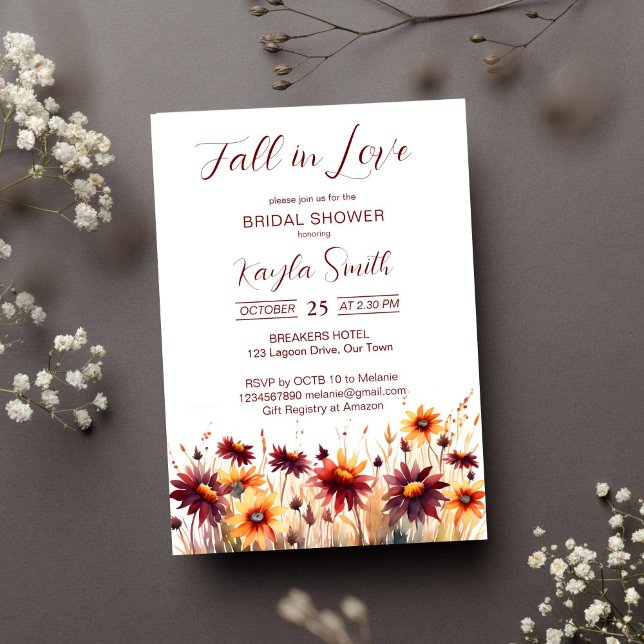 Invitation Chute d'amour burgundy orange dahlias nuptiale (Fall in love burgundy yellow dahlias bridal shower template invitation instant download fall themed)