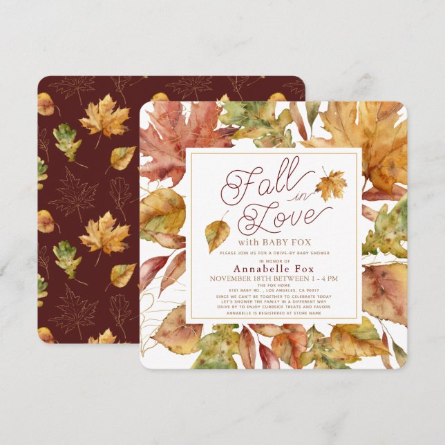 Invitation Chute d'amour Feuilles d'automne Baby shower Drive (Devant / Derrière)