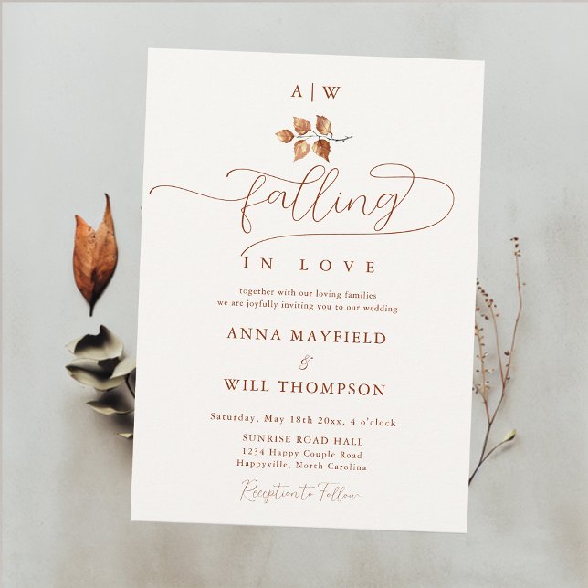 Invitation Chute dans l'amour Feuille Monograms Cimier Mariag (Falling in Love Fall Autumn Wedding Invitation Simple Leaf Burnt Orange Terracotta Elegant Monograms)