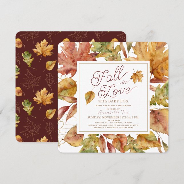 Invitation Chute dans l'amour Feuilles d'automne Baby shower  (Devant / Derrière)