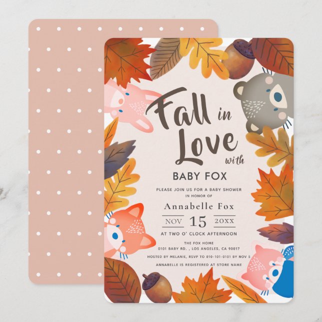 Invitation Chute en Amour Animaux des bois Baby shower rose (Devant / Derrière)