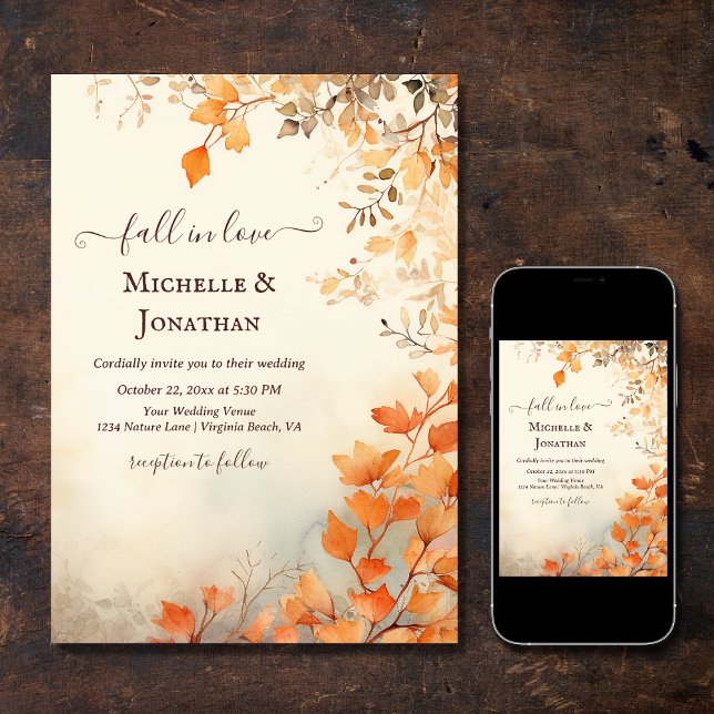 Invitation Chute en amour Belle automne Feuilles Mariage de a (Printed and Digital - Fall in Love Beautiful Autumn Leaves Fall Wedding Invitation)