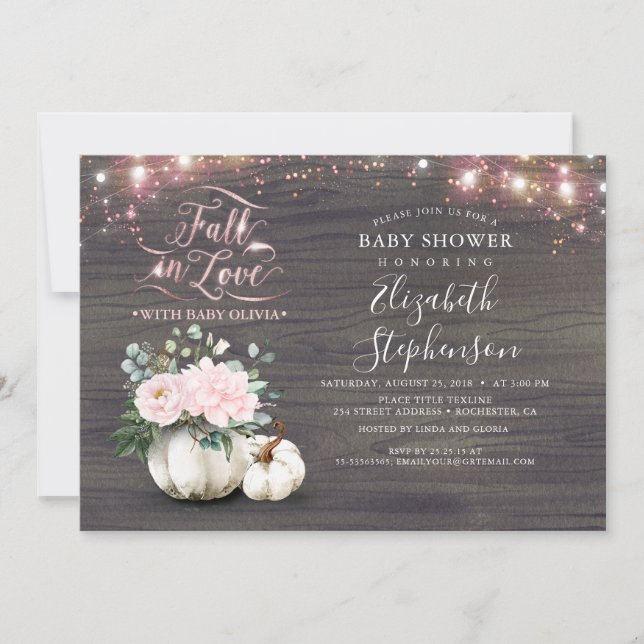 Invitation Chute en amour Blanc Citrouille Rustique Baby show (Devant)