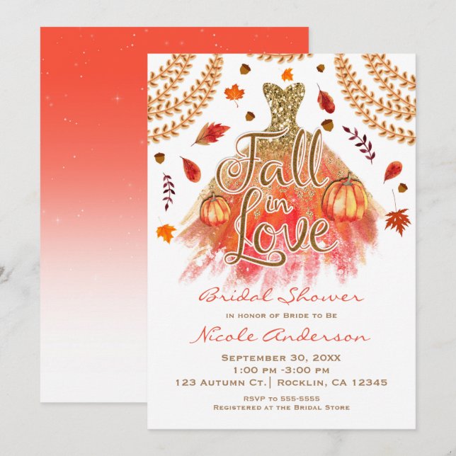 Invitation Chute en Amour Fête des mariées Robe & Feuilles d' (Devant / Derrière)
