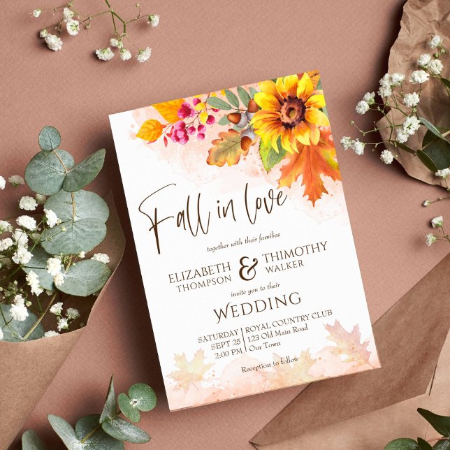Invitation Chute en amour feuillage automne mariage de tourne (Fall in love autumn wedding invitation template instant download watercolor fall foliage sunflowers)