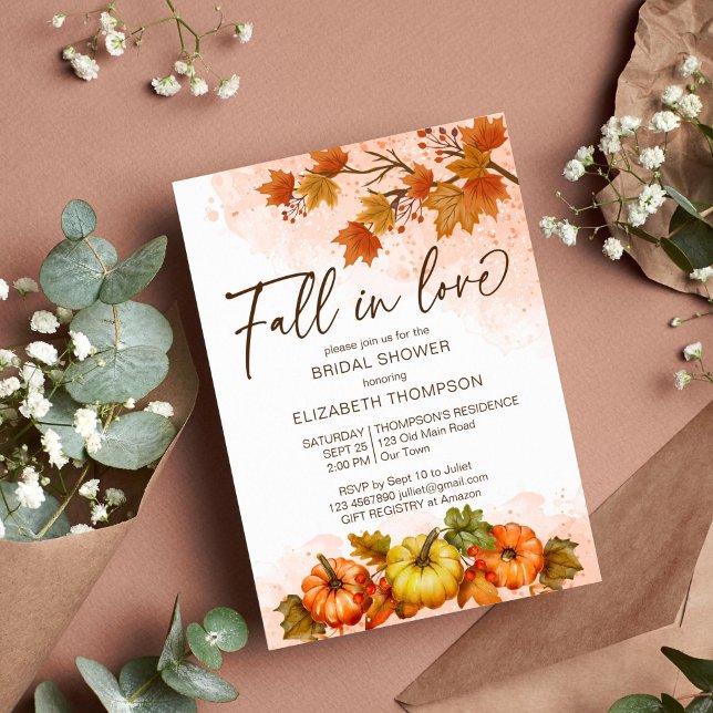 Invitation Chute en amour feuillage citrouille douche nuptial (Fall in love bridal shower invitation template autumn foliage pumpkins watercolor)