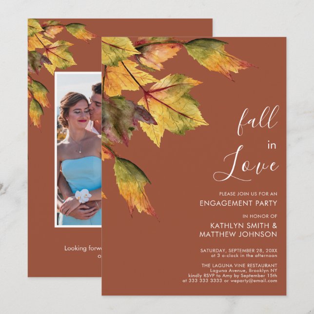 Invitation Chute en amour Feuillage d'automne Élégant Fiançai (Devant / Derrière)