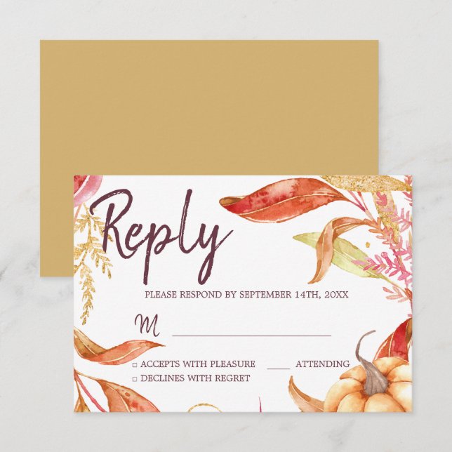 Invitation Chute en amour Feuillage doré Automne Jaune RSVP (Devant / Derrière)