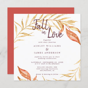 Invitation Chute en amour Feuillage doré Automne Mariage roug