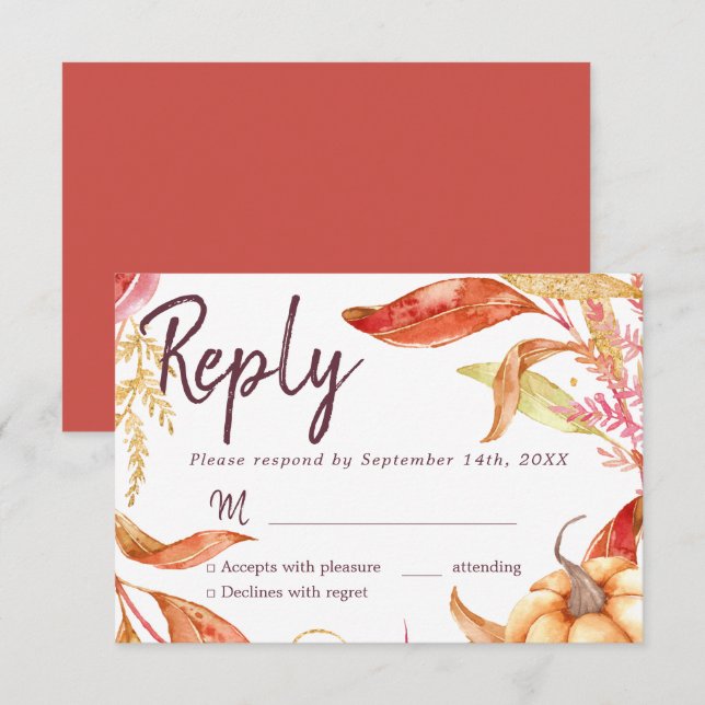 Invitation Chute en amour Feuillage doré Automne Rouge RSVP (Devant / Derrière)