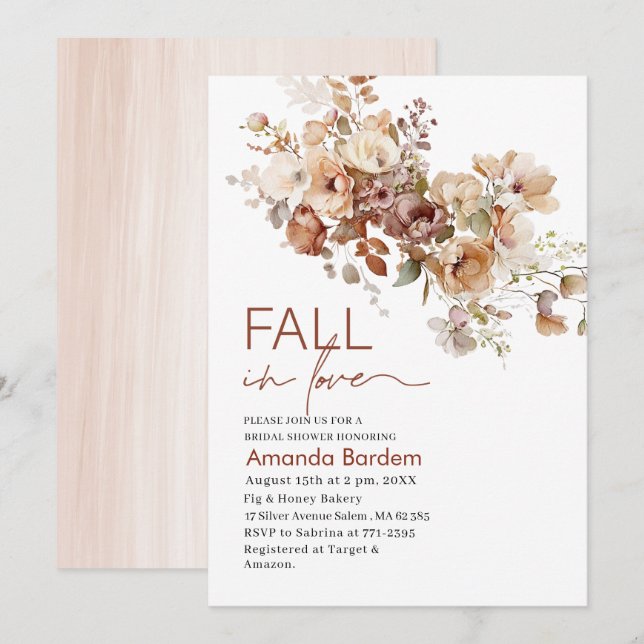 Invitation Chute en amour Fleurs Aquarelle douche nuptiale en (Devant / Derrière)