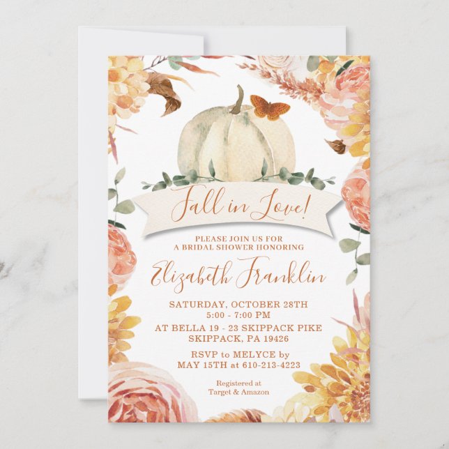 Invitation Chute en Amour Floral et Fête des mariées Citrouil (Devant)