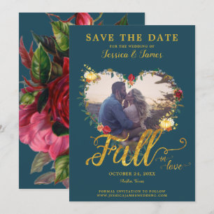 Invitation Chute en amour Gold Burgundy Floral Sauvez la date