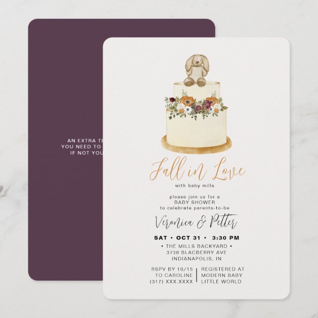 Invitation Chute en amour Purple Automne Baby shower de gâtea (Devant / Derrière)