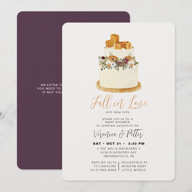 Invitation Chute en amour Purple Autumn Cake Baby shower (Devant / Derrière)