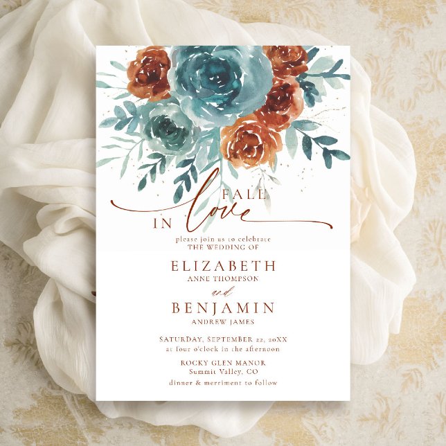 Invitation Chute en Amour Turquoise Terracotta Boho Mariage F (fall in love wedding invitation teal burnt orange terracotta watercolor floral botanical earthy chic)