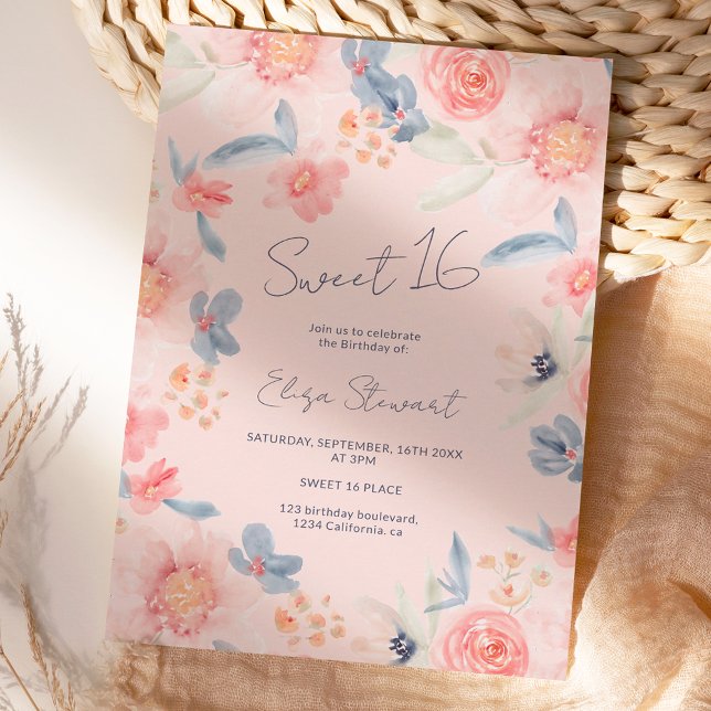 Invitation Chute floral boho rose bleu aquarelle Sweet 16 (Créateur téléchargé)