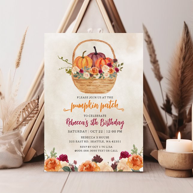 Invitation Chute Floral Bourgogne Orange Citrouille Patch Ann (Fall Floral Burgundy Orange Pumpkin Patch Birthday Invitation)