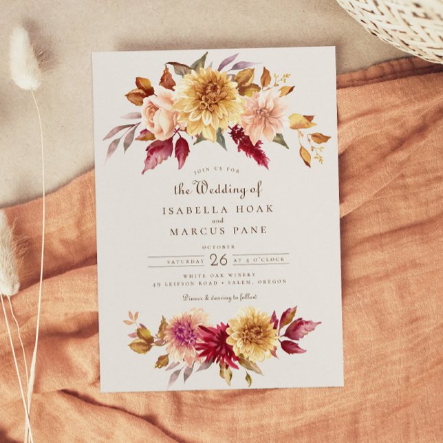 Invitation Chute Floral Golden Scarlet Mariage Feuille (Créateur téléchargé)