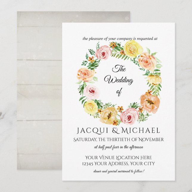 Invitation Chute Floral Jaune n Peach Roses w Folid Wreath (Devant / Derrière)