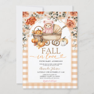 Invitation Chute Floral Rose fille En vichy Baby shower ours