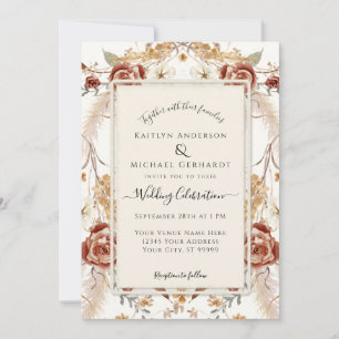 Invitation Chute Floral Rouge moutarde Mariage de feuillage