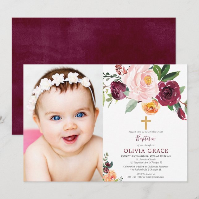 Invitation Chute floral rousse rose bordeaux photo baptême (Devant / Derrière)