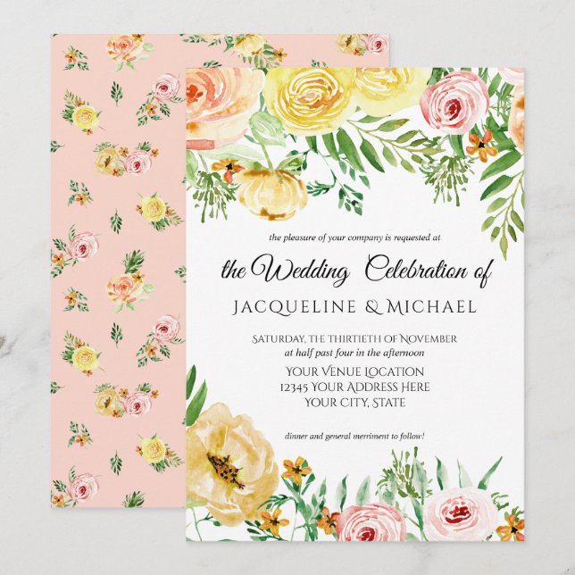 Invitation Chute Florale moderne avec Rose de Pêche Jaune Ble (Devant / Derrière)