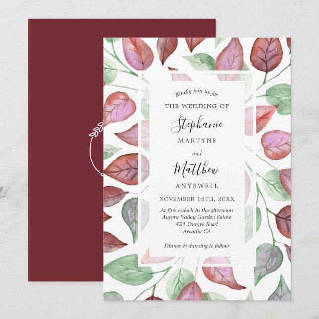 Invitation Chute Foliage Aquarelle Bourgogne Mariage Feuille (Devant / Derrière)