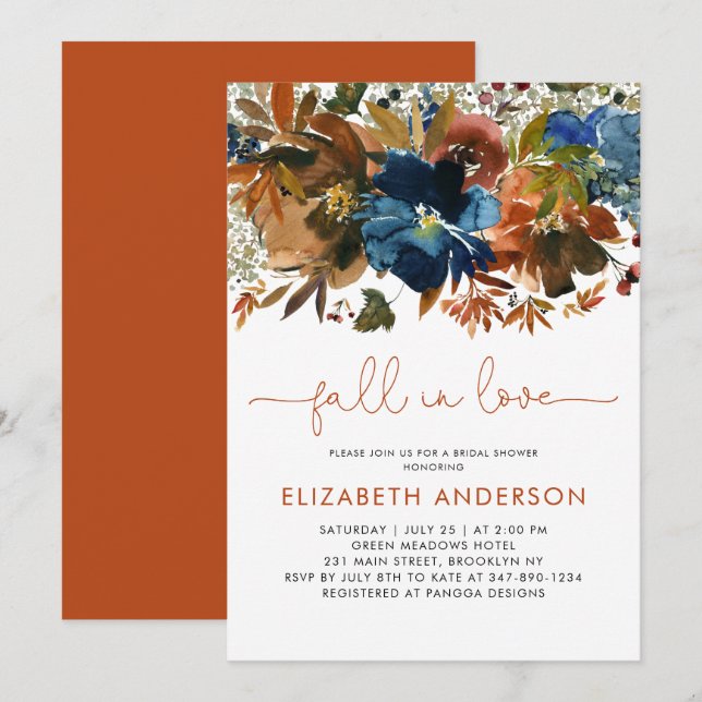 Invitation Chute moderne en amour Marine Bleu Fête des mariée (Devant / Derrière)
