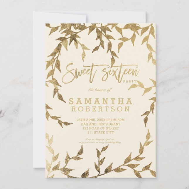 Invitation Chute moderne jaune or branche ivoire Sweet 16 (Devant)