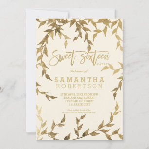 Invitation Chute moderne jaune or branche ivoire Sweet 16