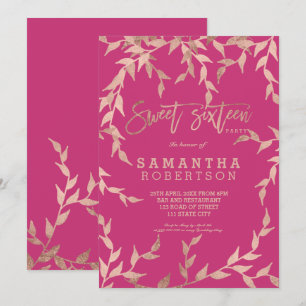 Invitation Chute moderne rose or branche magenta rose Sweet 1