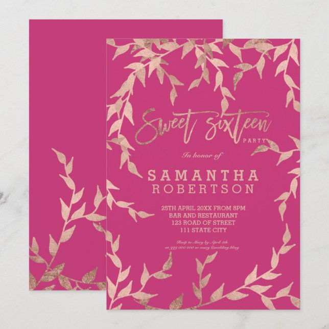 Invitation Chute moderne rose or branche magenta rose Sweet 1 (Devant / Derrière)