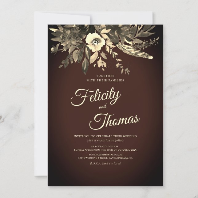 Invitation Chute romantique foncée Florale Vieille Mariage Br (Devant)